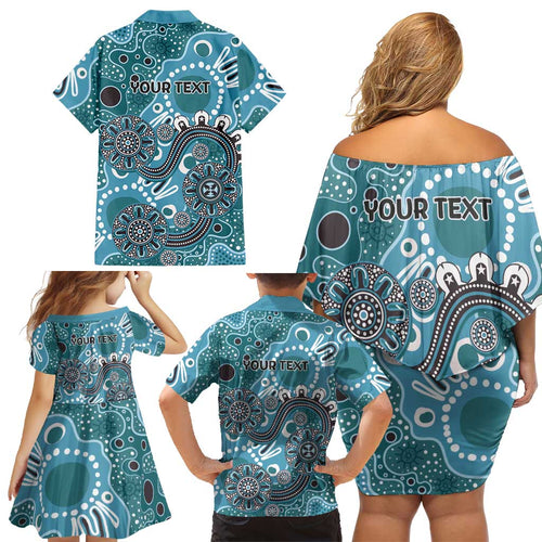 Personalised NAIDOC Week 50 Years Deadly Always Family Matching Off Shoulder Short Dress and Hawaiian Shirt Teal Aboriginal Artwork Dot Painting