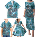 Personalised NAIDOC Week 50 Years Deadly Always Family Matching Puletasi and Hawaiian Shirt Teal Aboriginal Artwork Dot Painting