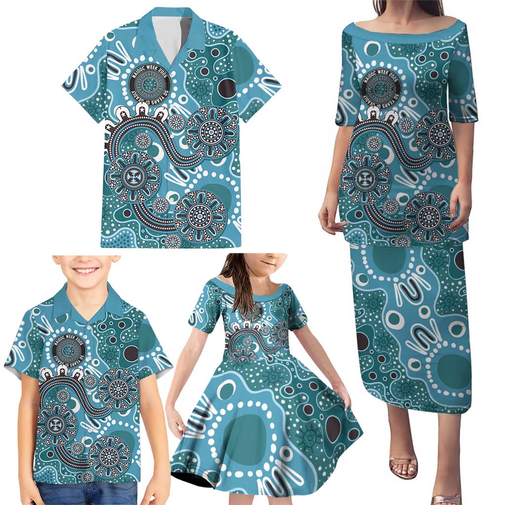 Personalised NAIDOC Week 50 Years Deadly Always Family Matching Puletasi and Hawaiian Shirt Teal Aboriginal Artwork Dot Painting