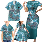 Personalised NAIDOC Week 50 Years Deadly Always Family Matching Short Sleeve Bodycon Dress and Hawaiian Shirt Teal Aboriginal Artwork Dot Painting