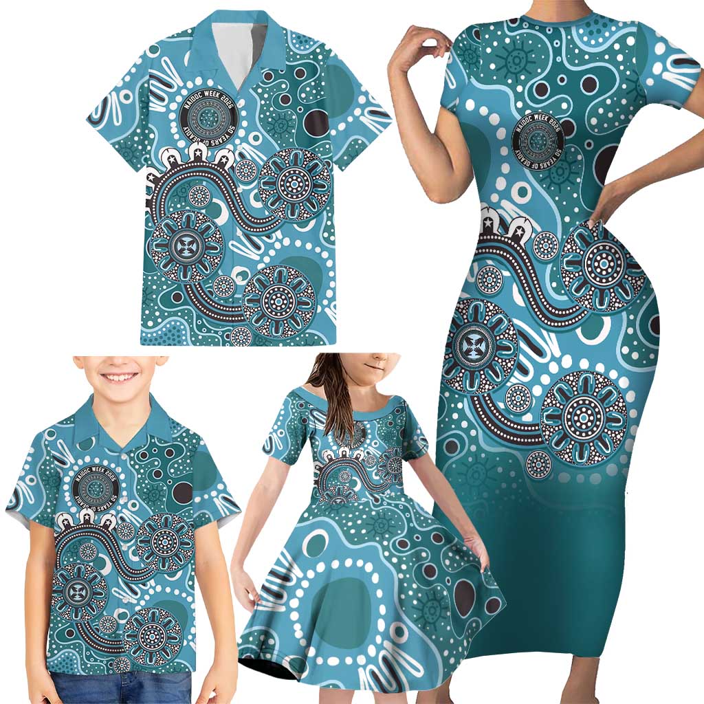 Personalised NAIDOC Week 50 Years Deadly Always Family Matching Short Sleeve Bodycon Dress and Hawaiian Shirt Teal Aboriginal Artwork Dot Painting