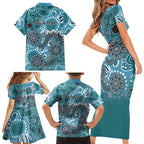 Personalised NAIDOC Week 50 Years Deadly Always Family Matching Short Sleeve Bodycon Dress and Hawaiian Shirt Teal Aboriginal Artwork Dot Painting