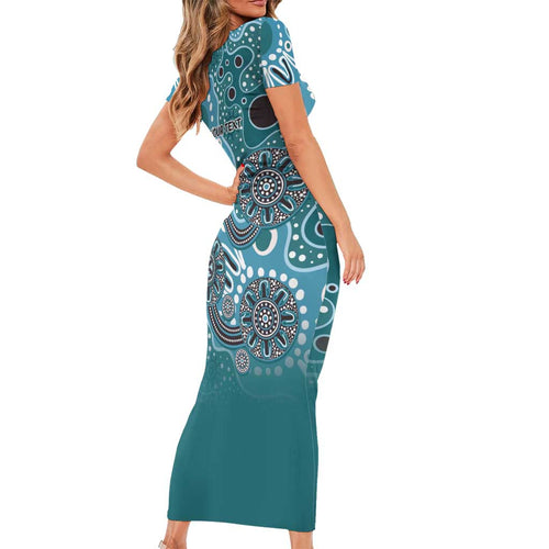 Personalised NAIDOC Week 50 Years Deadly Always Family Matching Short Sleeve Bodycon Dress and Hawaiian Shirt Teal Aboriginal Artwork Dot Painting
