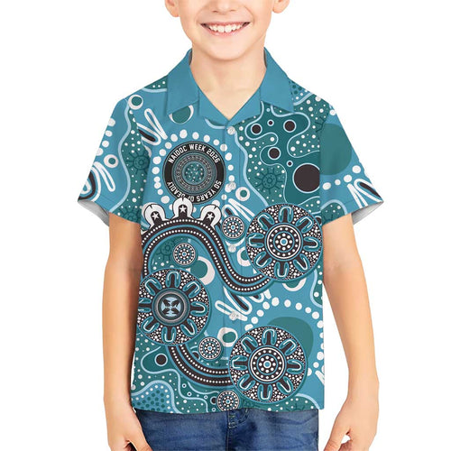 Personalised NAIDOC Week 50 Years Deadly Always Family Matching Short Sleeve Bodycon Dress and Hawaiian Shirt Teal Aboriginal Artwork Dot Painting