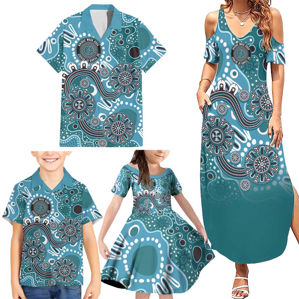 Personalised NAIDOC Week 50 Years Deadly Always Family Matching Summer Maxi Dress and Hawaiian Shirt Teal Aboriginal Artwork Dot Painting