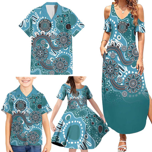 Personalised NAIDOC Week 50 Years Deadly Always Family Matching Summer Maxi Dress and Hawaiian Shirt Teal Aboriginal Artwork Dot Painting