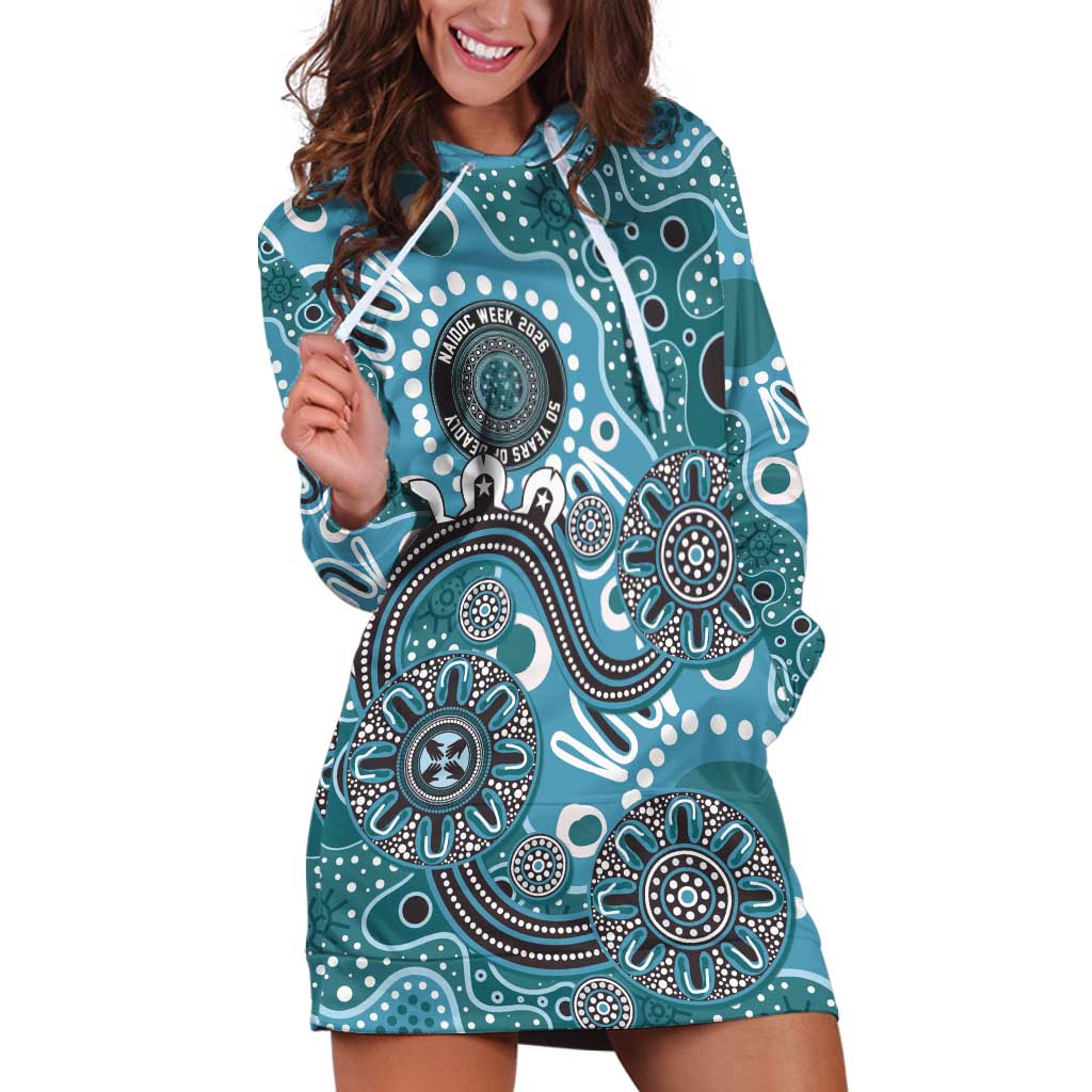 Personalised NAIDOC Week 50 Years Deadly Always Hoodie Dress Teal Aboriginal Artwork Dot Painting