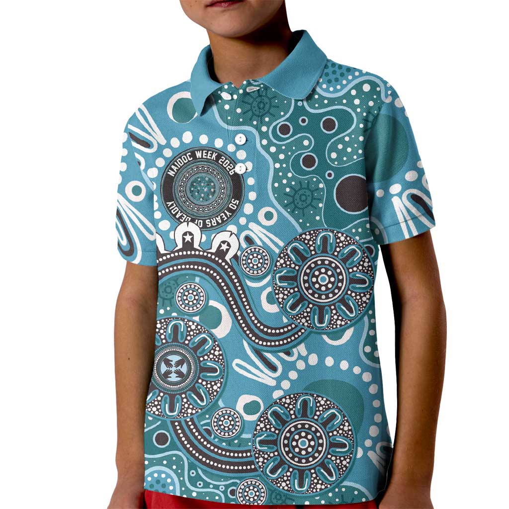 Personalised NAIDOC Week 50 Years Deadly Always Kid Polo Shirt Teal Aboriginal Artwork Dot Painting