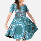 Personalised NAIDOC Week 50 Years Deadly Always Kid Short Sleeve Dress Teal Aboriginal Artwork Dot Painting
