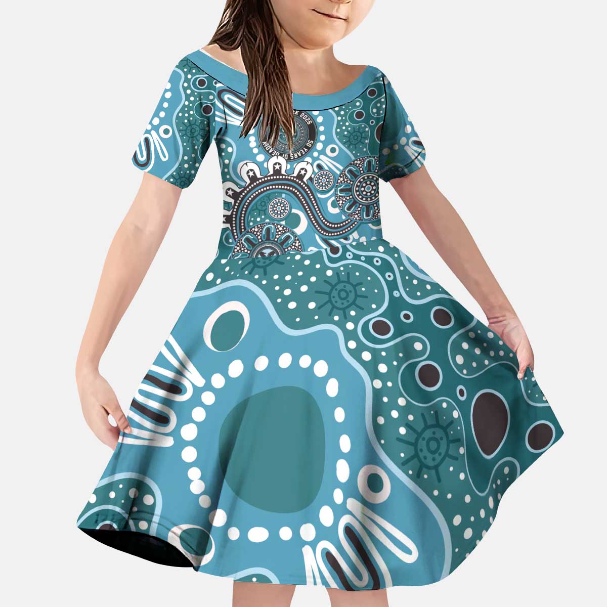 Personalised NAIDOC Week 50 Years Deadly Always Kid Short Sleeve Dress Teal Aboriginal Artwork Dot Painting