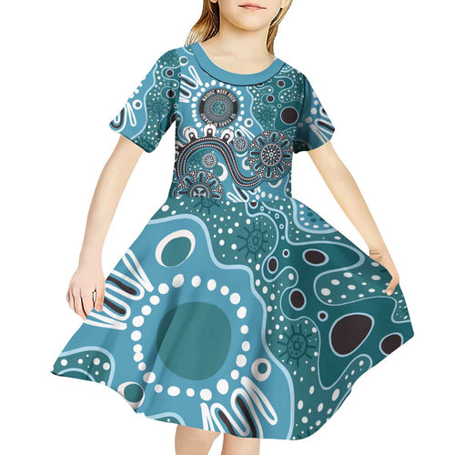 Personalised NAIDOC Week 50 Years Deadly Always Kid Short Sleeve Dress Teal Aboriginal Artwork Dot Painting