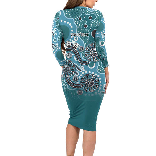 Personalised NAIDOC Week 50 Years Deadly Always Long Sleeve Bodycon Dress Teal Aboriginal Artwork Dot Painting