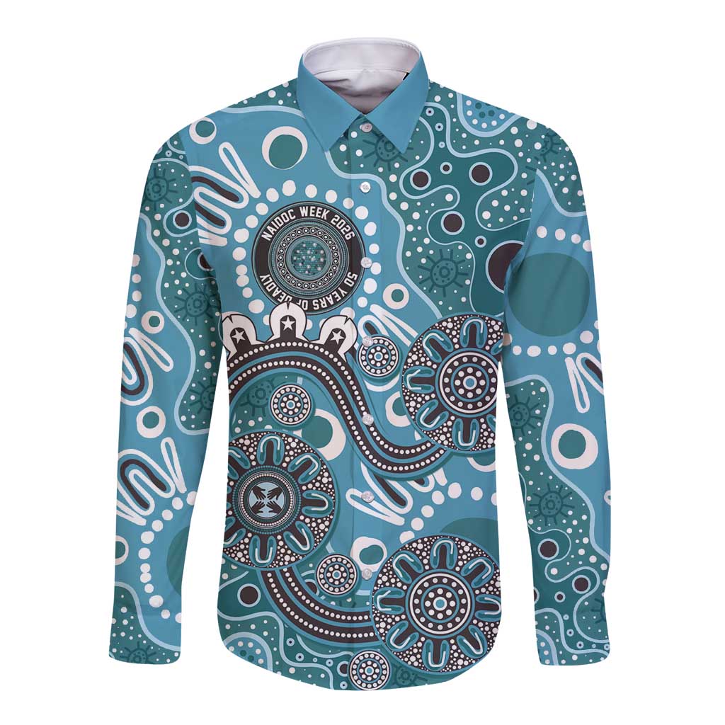 Personalised NAIDOC Week 50 Years Deadly Always Long Sleeve Button Shirt Teal Aboriginal Artwork Dot Painting