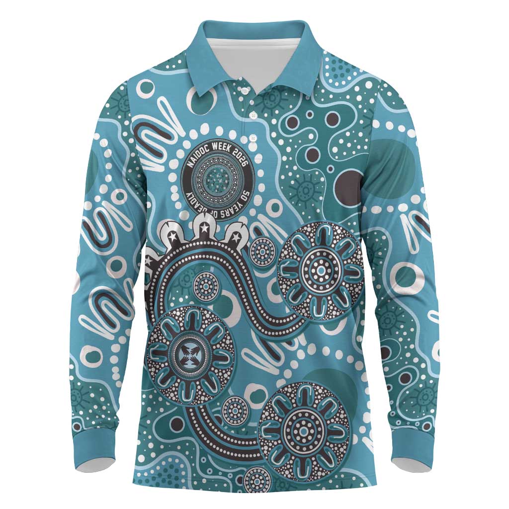 Personalised NAIDOC Week 50 Years Deadly Always Long Sleeve Polo Shirt Teal Aboriginal Artwork Dot Painting