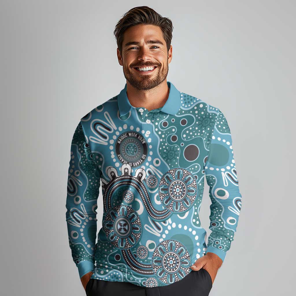 Personalised NAIDOC Week 50 Years Deadly Always Long Sleeve Polo Shirt Teal Aboriginal Artwork Dot Painting
