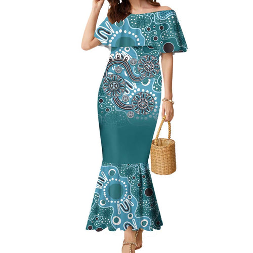 Personalised NAIDOC Week 50 Years Deadly Always Mermaid Dress Teal Aboriginal Artwork Dot Painting