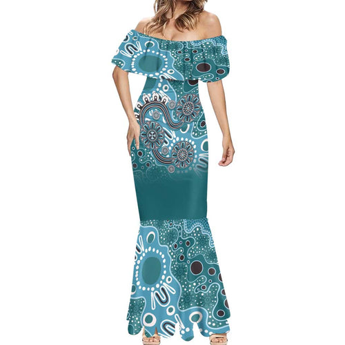 Personalised NAIDOC Week 50 Years Deadly Always Mermaid Dress Teal Aboriginal Artwork Dot Painting