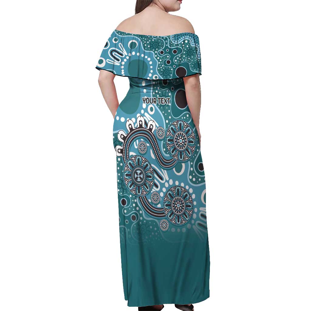Personalised NAIDOC Week 50 Years Deadly Always Off Shoulder Maxi Dress Teal Aboriginal Artwork Dot Painting