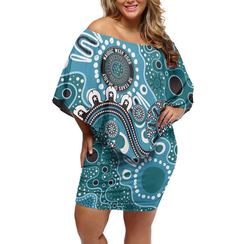 Personalised NAIDOC Week 50 Years Deadly Always Off Shoulder Short Dress Teal Aboriginal Artwork Dot Painting