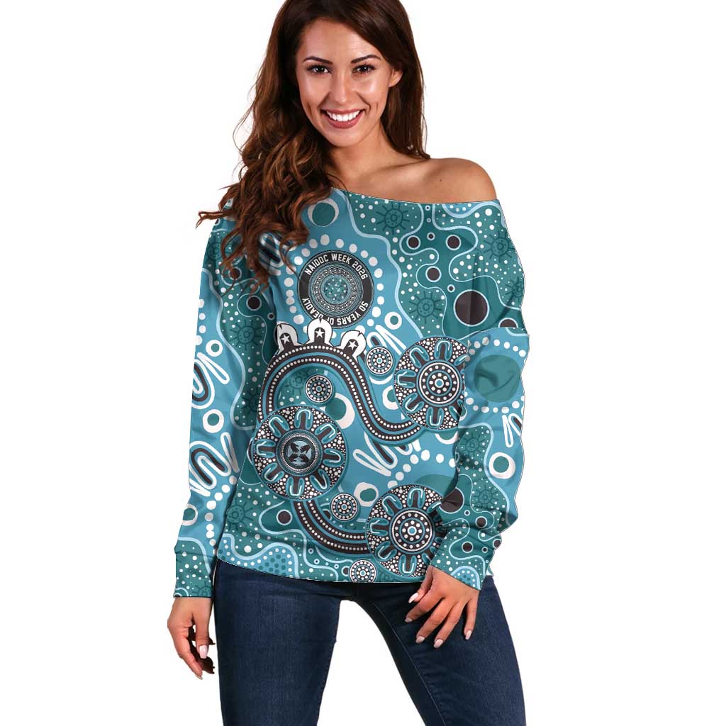 Personalised NAIDOC Week 50 Years Deadly Always Off Shoulder Sweater Teal Aboriginal Artwork Dot Painting