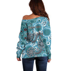 Personalised NAIDOC Week 50 Years Deadly Always Off Shoulder Sweater Teal Aboriginal Artwork Dot Painting
