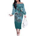 Personalised NAIDOC Week 50 Years Deadly Always Off The Shoulder Long Sleeve Dress Teal Aboriginal Artwork Dot Painting