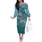 Personalised NAIDOC Week 50 Years Deadly Always Off The Shoulder Long Sleeve Dress Teal Aboriginal Artwork Dot Painting