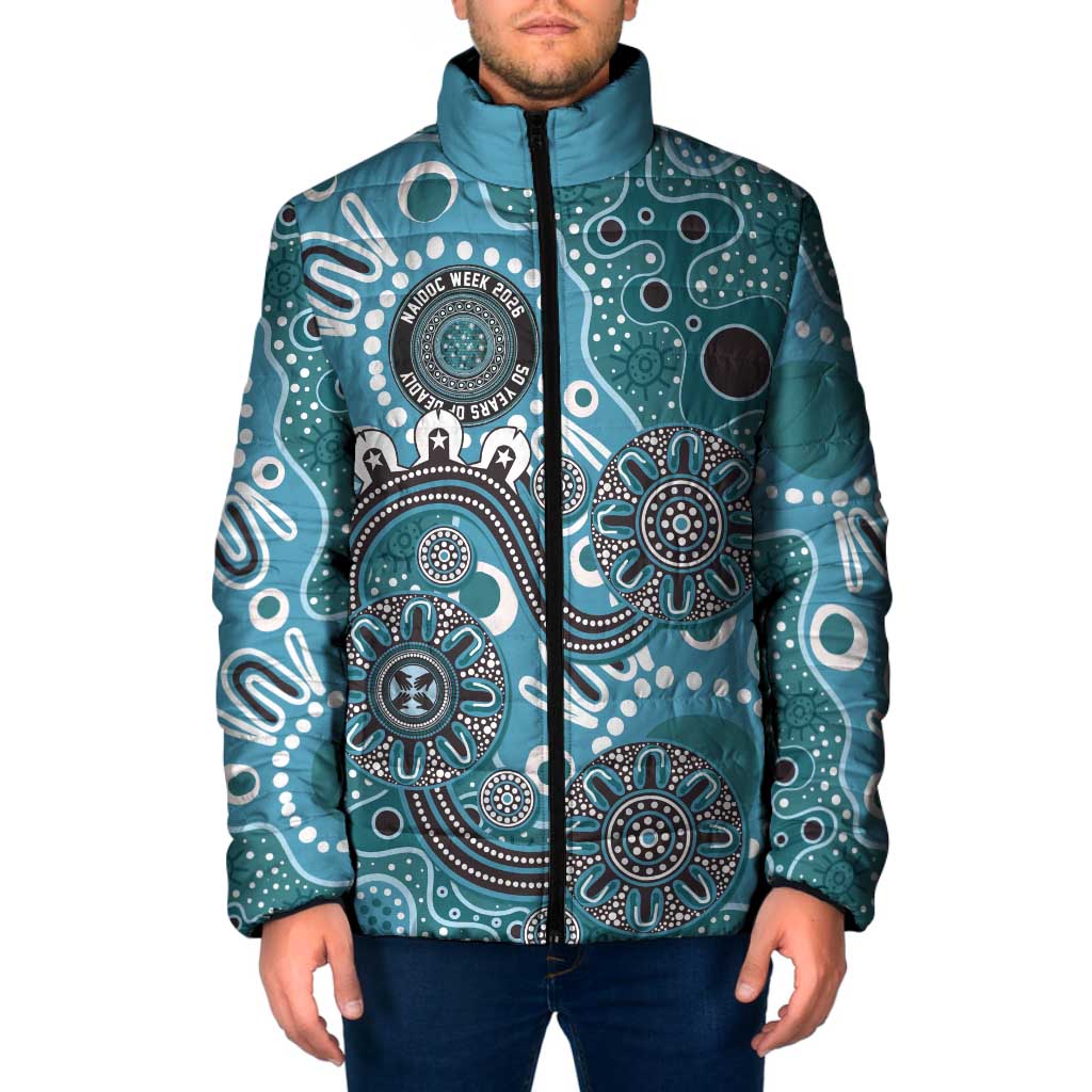 Personalised NAIDOC Week 50 Years Deadly Always Padded Jacket Teal Aboriginal Artwork Dot Painting