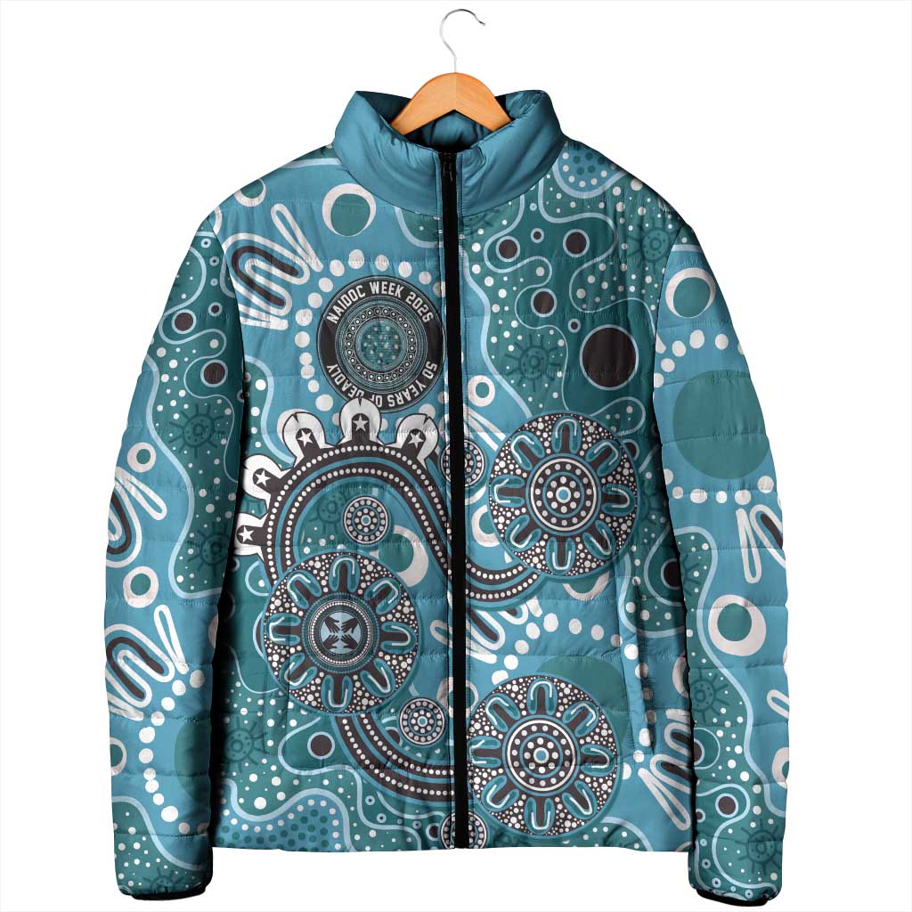 Personalised NAIDOC Week 50 Years Deadly Always Padded Jacket Teal Aboriginal Artwork Dot Painting
