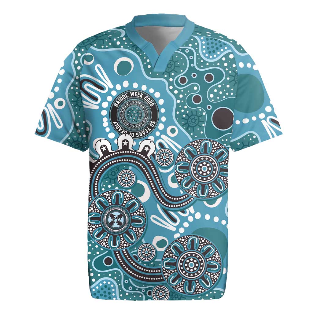Personalised NAIDOC Week 50 Years Deadly Always Rugby Jersey Teal Aboriginal Artwork Dot Painting