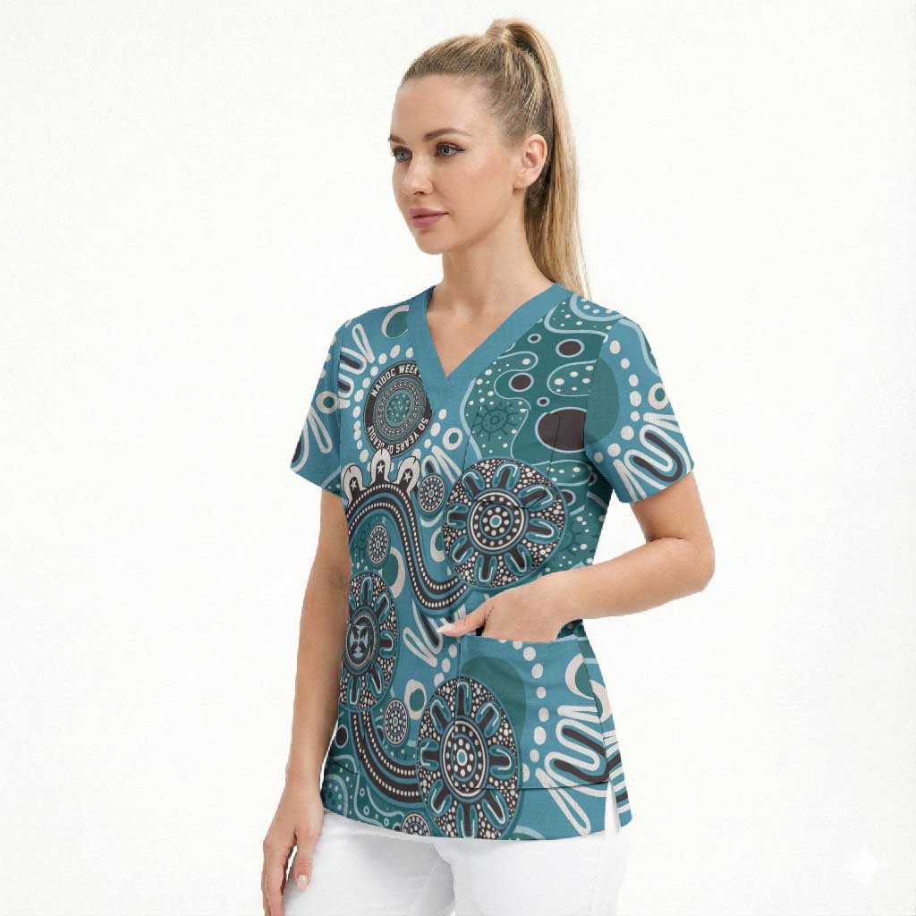Personalised NAIDOC Week 50 Years Deadly Always Scrub Top Teal Aboriginal Artwork Dot Painting