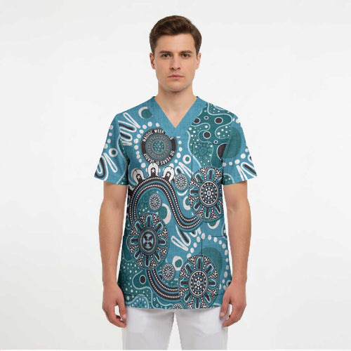 Personalised NAIDOC Week 50 Years Deadly Always Scrub Top Teal Aboriginal Artwork Dot Painting