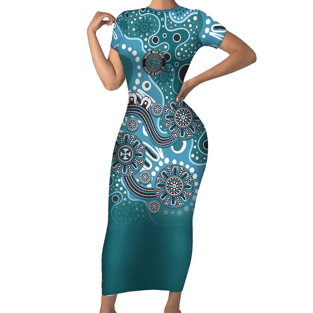Personalised NAIDOC Week 50 Years Deadly Always Short Sleeve Bodycon Dress Teal Aboriginal Artwork Dot Painting