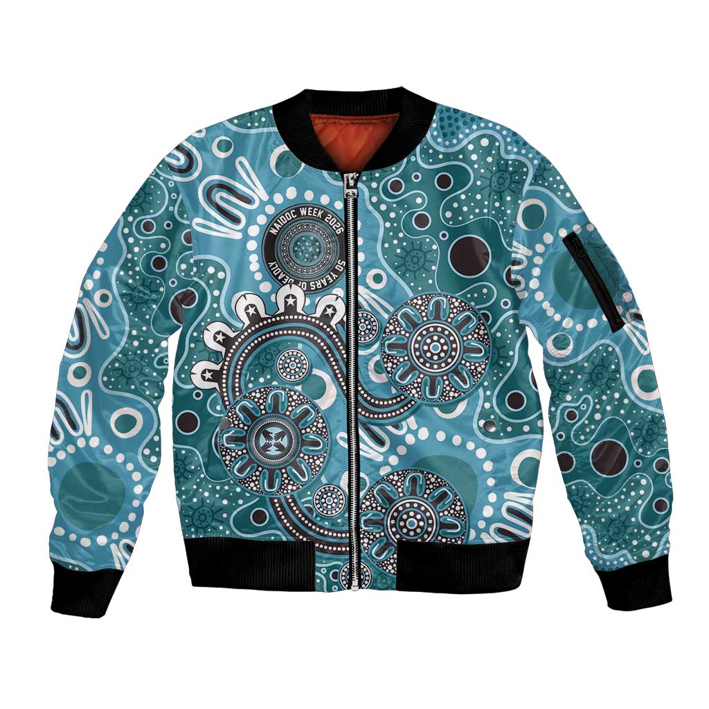 Personalised NAIDOC Week 50 Years Deadly Always Sleeve Zip Bomber Jacket Teal Aboriginal Artwork Dot Painting