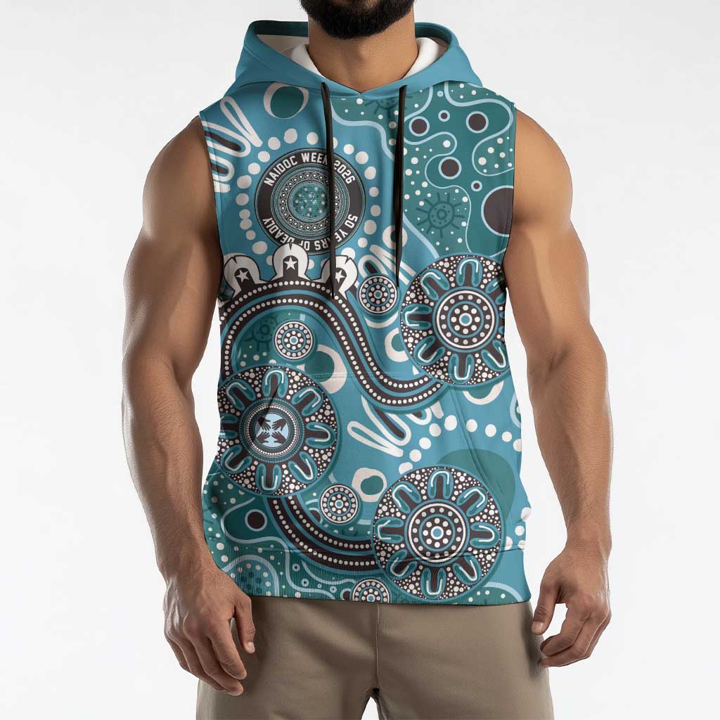 Personalised NAIDOC Week 50 Years Deadly Always Sleeveless Hoodie Teal Aboriginal Artwork Dot Painting