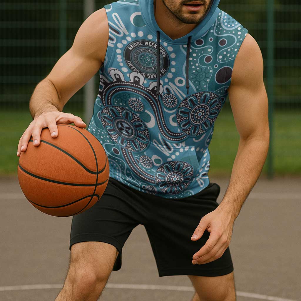 Personalised NAIDOC Week 50 Years Deadly Always Sleeveless Hoodie Teal Aboriginal Artwork Dot Painting