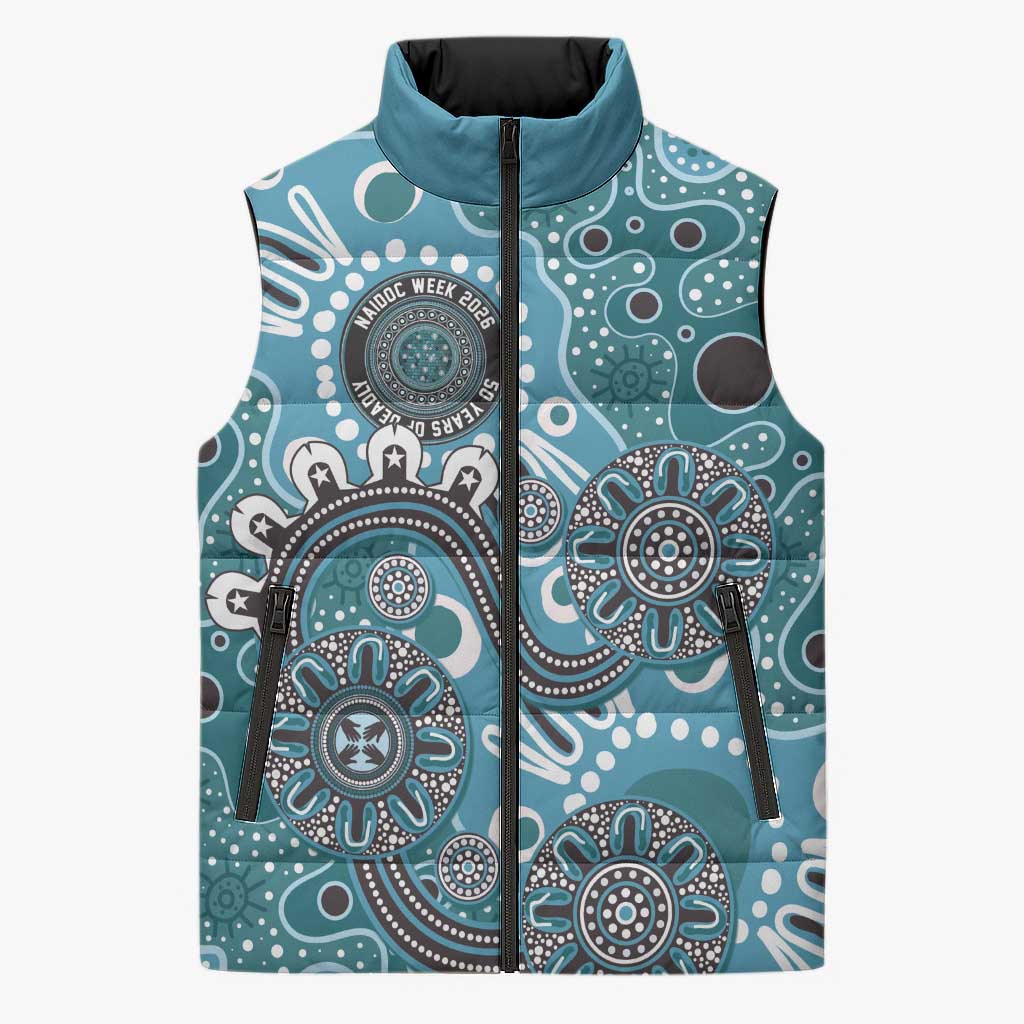 Personalised NAIDOC Week 50 Years Deadly Always Sleeveless Puffer Jacket Teal Aboriginal Artwork Dot Painting