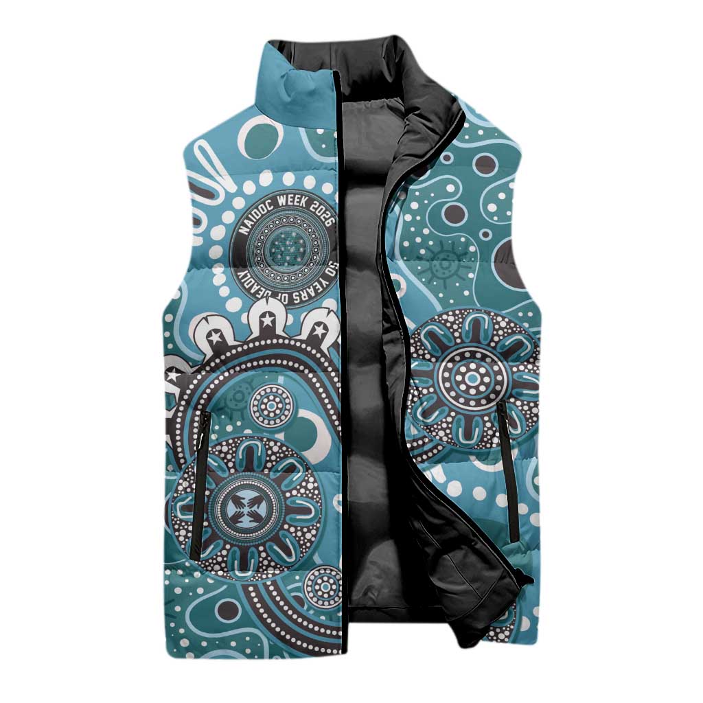 Personalised NAIDOC Week 50 Years Deadly Always Sleeveless Puffer Jacket Teal Aboriginal Artwork Dot Painting