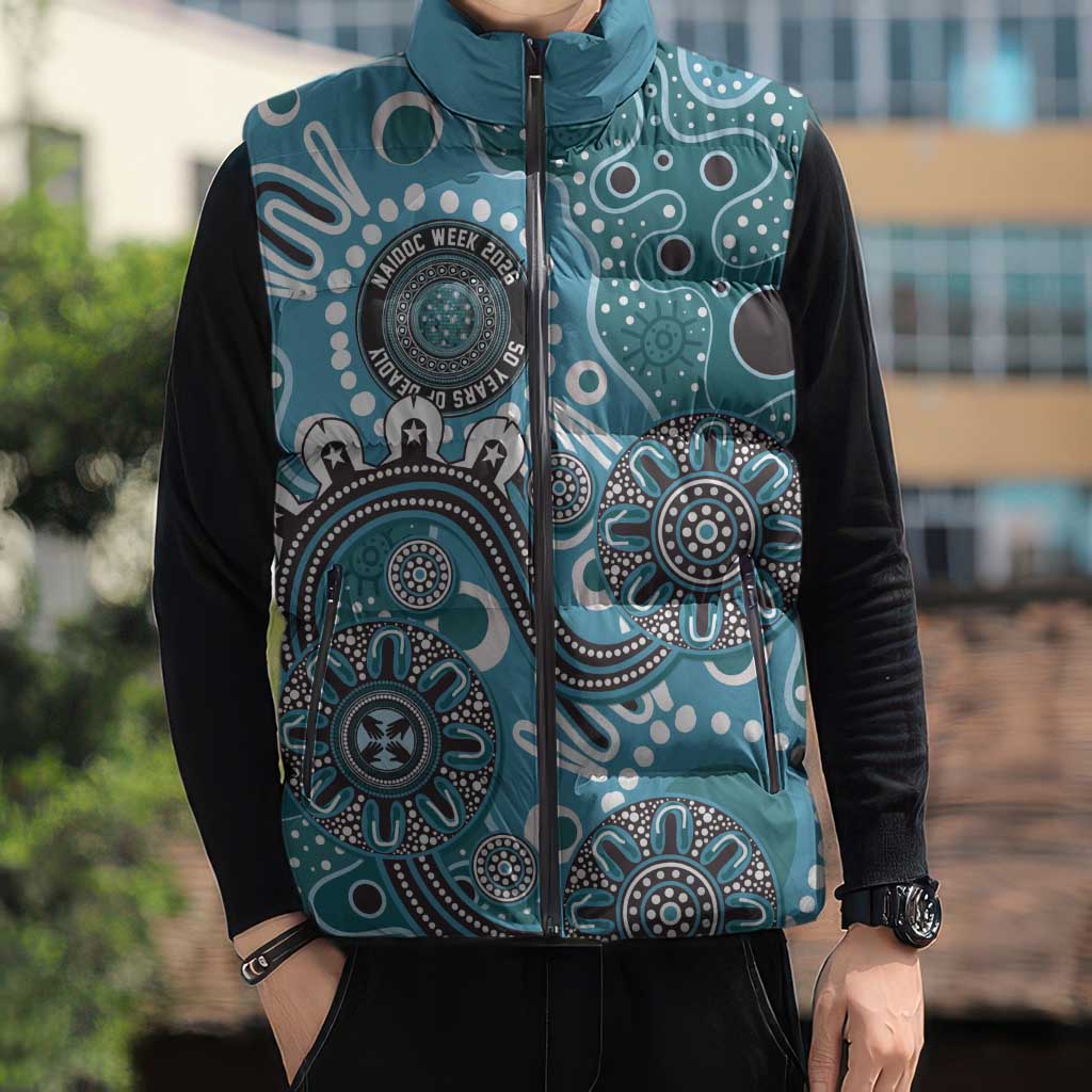 Personalised NAIDOC Week 50 Years Deadly Always Sleeveless Puffer Jacket Teal Aboriginal Artwork Dot Painting
