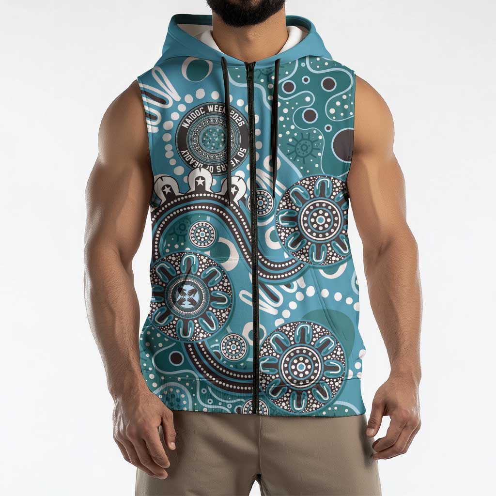 Personalised NAIDOC Week 50 Years Deadly Always Sleeveless Zip Hoodie Teal Aboriginal Artwork Dot Painting