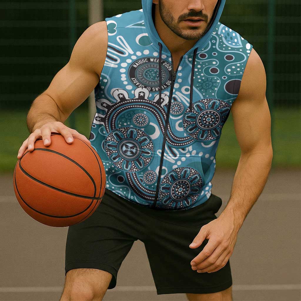 Personalised NAIDOC Week 50 Years Deadly Always Sleeveless Zip Hoodie Teal Aboriginal Artwork Dot Painting