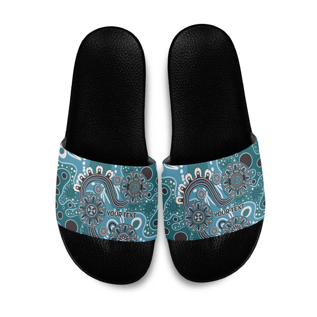 Personalised NAIDOC Week 50 Years Deadly Always Slide Sandals Teal Aboriginal Artwork Dot Painting