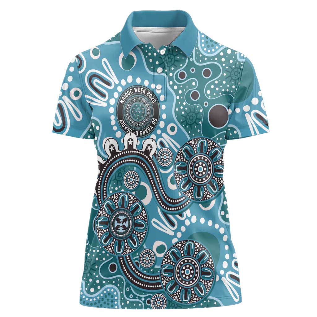 Personalised NAIDOC Week 50 Years Deadly Always Women Polo Shirt Teal Aboriginal Artwork Dot Painting