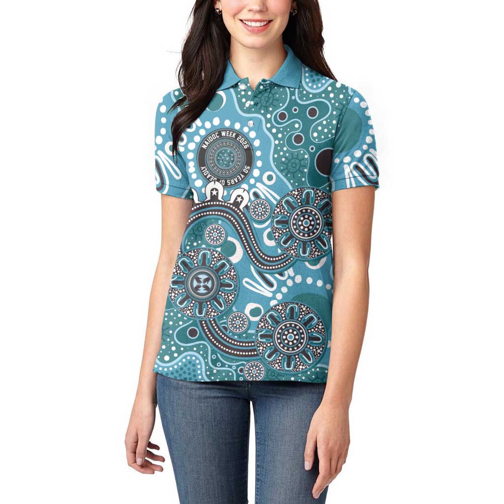 Personalised NAIDOC Week 50 Years Deadly Always Women Polo Shirt Teal Aboriginal Artwork Dot Painting