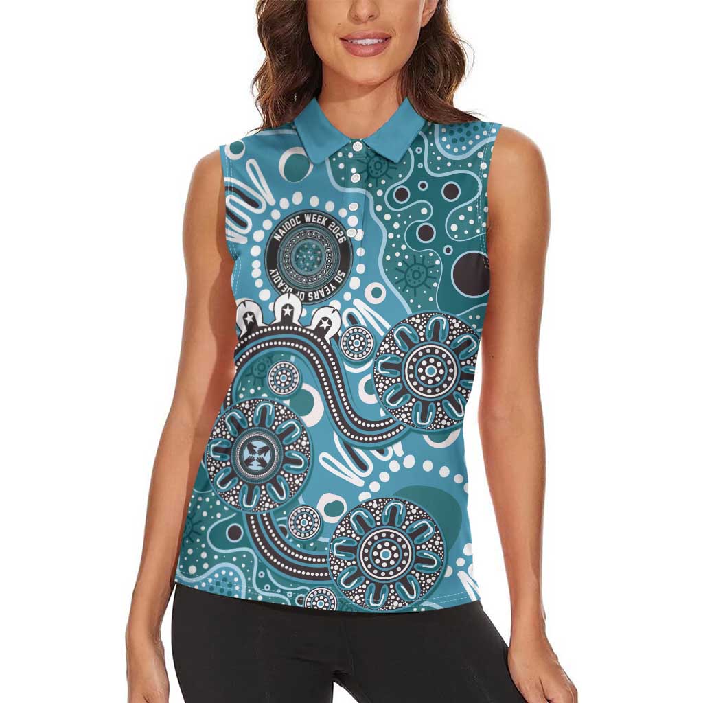 Personalised NAIDOC Week 50 Years Deadly Always Women Sleeveless Polo Shirt Teal Aboriginal Artwork Dot Painting