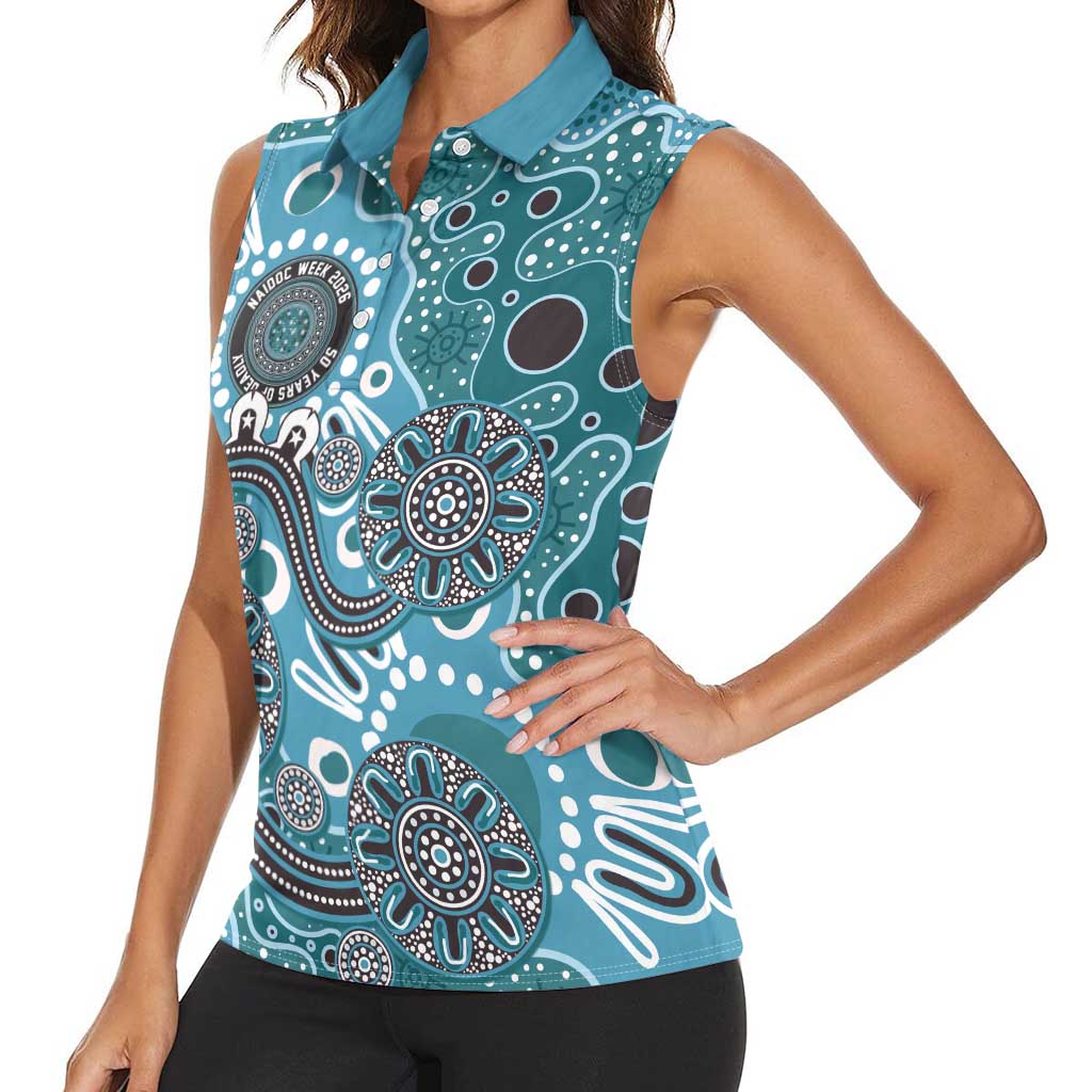 Personalised NAIDOC Week 50 Years Deadly Always Women Sleeveless Polo Shirt Teal Aboriginal Artwork Dot Painting