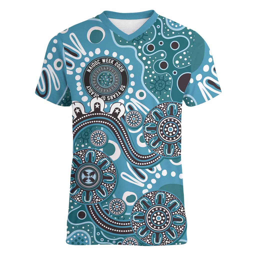 Personalised NAIDOC Week 50 Years Deadly Always Women V-Neck T-Shirt Teal Aboriginal Artwork Dot Painting
