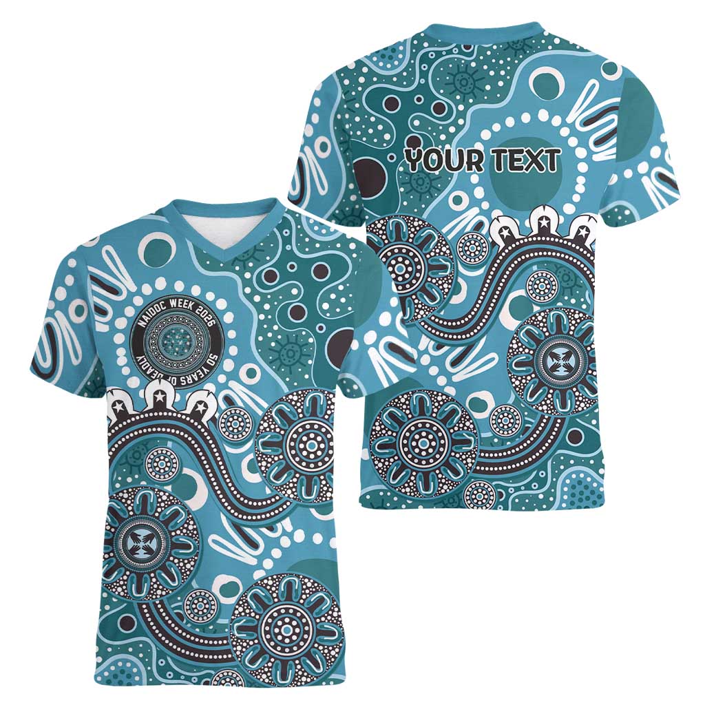 Personalised NAIDOC Week 50 Years Deadly Always Women V-Neck T-Shirt Teal Aboriginal Artwork Dot Painting