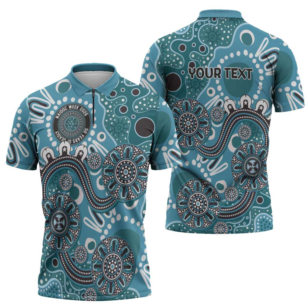 Personalised NAIDOC Week 50 Years Deadly Always Zipper Polo Shirt Teal Aboriginal Artwork Dot Painting