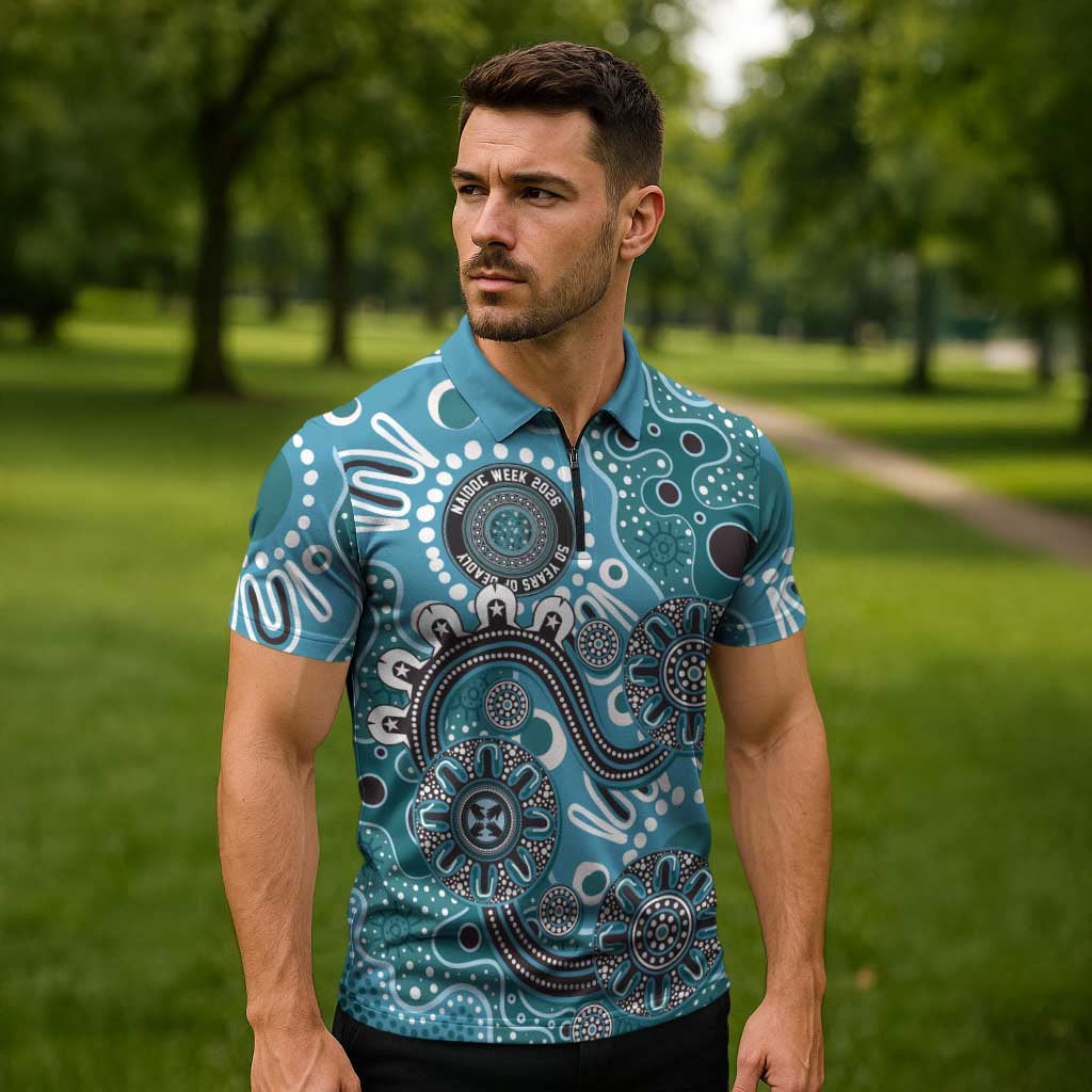 Personalised NAIDOC Week 50 Years Deadly Always Zipper Polo Shirt Teal Aboriginal Artwork Dot Painting